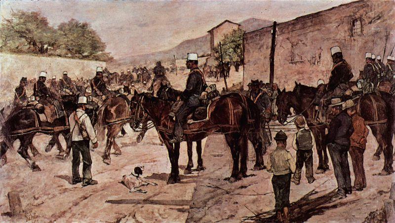 Giovanni Fattori Artilleriecorps zu Pferd auf einer Dorfstrasse Spain oil painting art